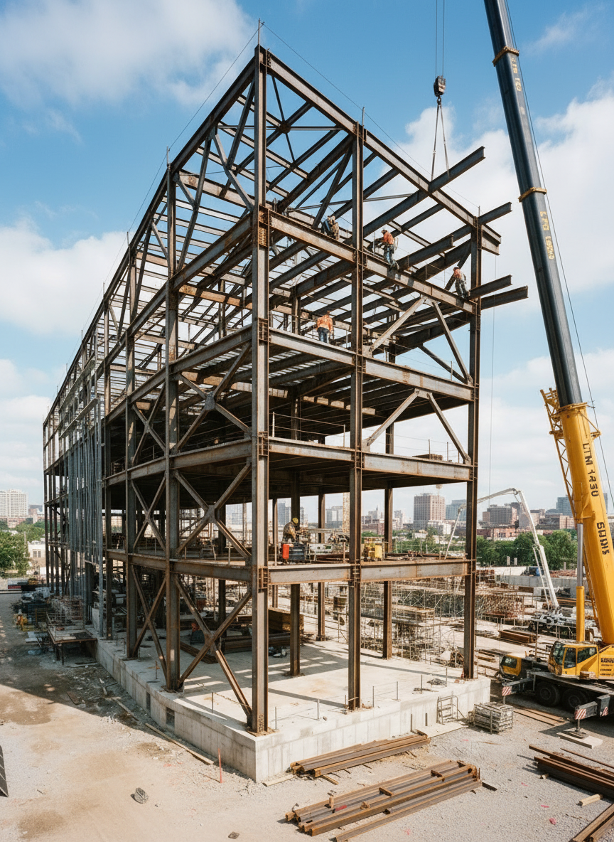 Steel building frame under construction